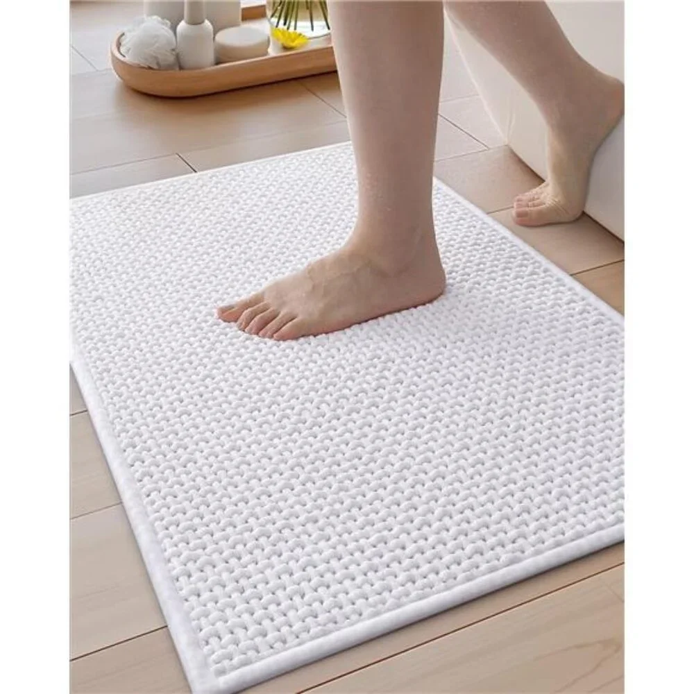 White Chenille Bath Mat Non Slip Absorbent Thin Washable Quick Dry 17x29.5 in